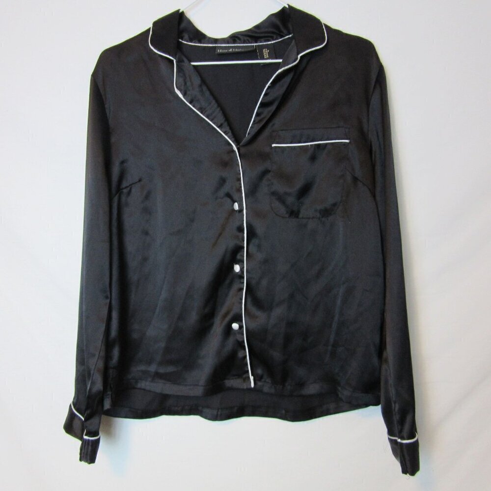 House of Harlow 1960 Sleep Shirt Black Satin Button Up Long Sleeve Pajamas Small